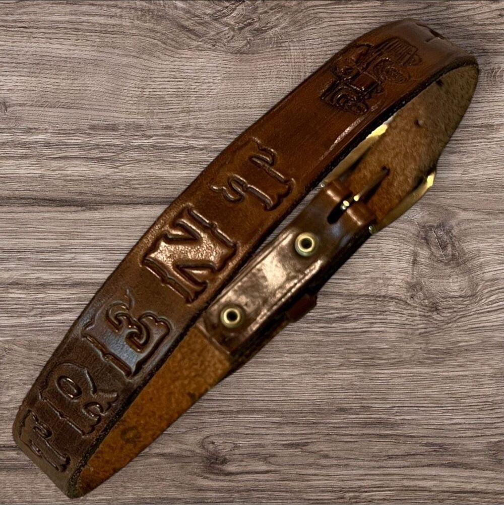 Trent Brown Leather Belt Embossed Name & Trucks Brass Tone Buckle